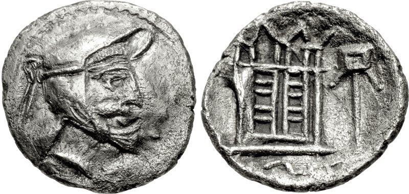 Type 520.2 tetradrachm; variation with letter before praying King; prs
between standard and temple