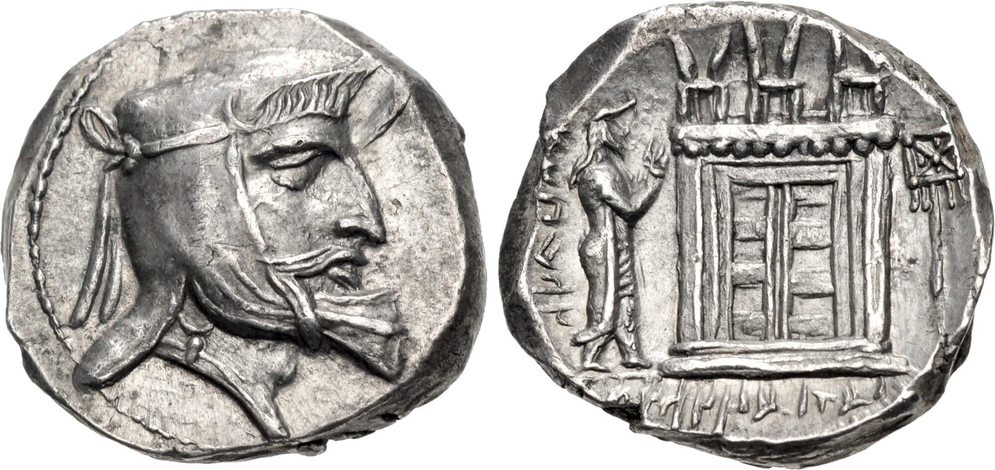 Type 520.2 tetradrachm; variation with letter before praying King; prs
between standard and temple